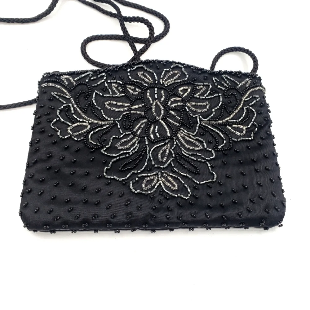 80s La Regale Bag Black Beaded Satin Purse Evening Sparkle Movie Prop Glam Retro - Picture 5 of 5